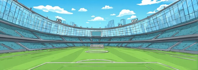 Modern soccer stadium, sunny day, city backdrop; game illustration