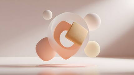 Abstract 3D shapes in peach and cream floating over a minimalist soft-focus background