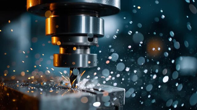 3D car engine footage with oil lubricant splash flow concept. A precision milling machine cutting metal with lubricant spray.