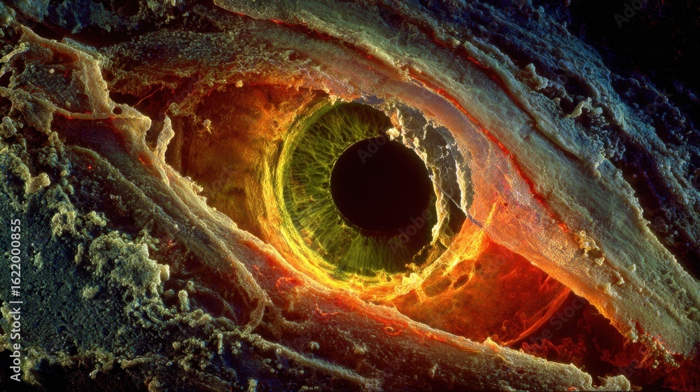 Fototapete 3d graphic rendering of an infected retina segment featuring a glowing edge lesion progressively wid