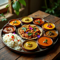 Traditional Indian Thali Meal with Various Dishes (generative ai)