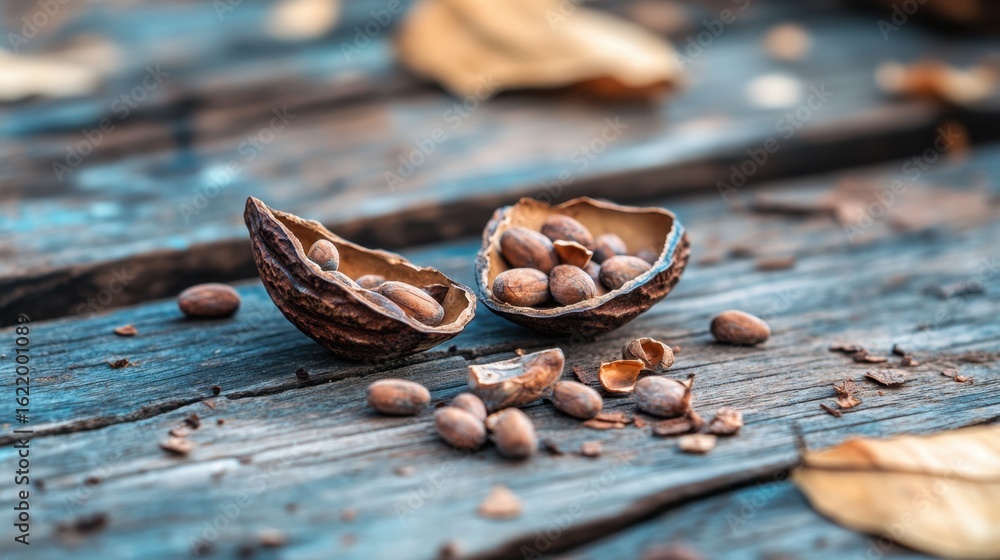 Aufkleber closeup of cocoa pods cracked open with beans inside on rustic wooden table, highlighting natural te