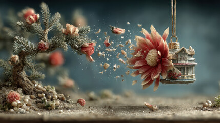 Exploding flower ornament shaped like a house near pine tree