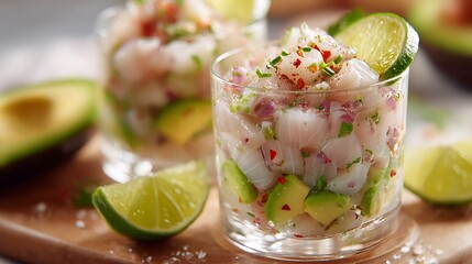 Ceviche served in glasses.  A raw fish dish with avocado, lime, and seasoning. Perfect for design, web, and marketing projects.