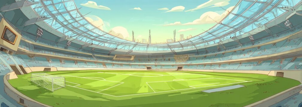 Empty soccer stadium, city backdrop, sunny day, game preparation (1) - Powered by Adobe