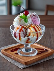Ice cream sundae on a wooden tray