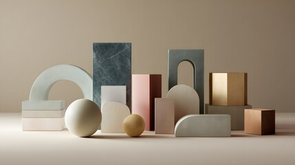 Minimalist 3D forms in dusty pastel shades placed on a matte neutral floor
