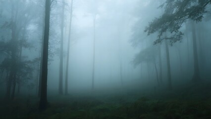 Obraz premium Misty Forest: Tall Trees Enveloped in Fog