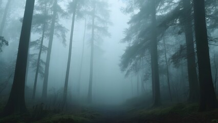 Obraz premium Misty Forest Pathway with Tall Trees Enveloped in Fog