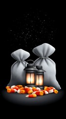 A festive Halloween scene with glowing lanterns, scattered candy, and a starry night sky, with text space at the bottom.