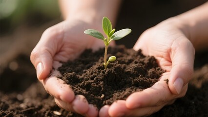 Hands holding soil with a small green plant sprouting, symbolizing growth and care.