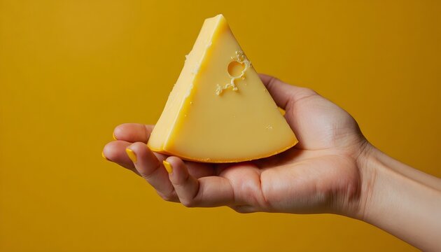 A person's hand holding a triangular wedge of yellow cheese with holes against a matching solid yellow background. Minimalist food concept.