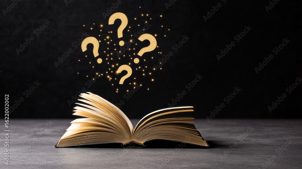 Aufkleber conceptual shot of an open book with question marks above, symbolizing inquiry and thought, black ba