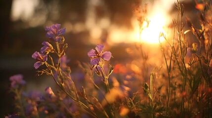 Flowers and plants shining warmly with sun setting low