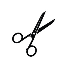 Stylized Silhouette of Open Scissors with Circular Handles and Angled Blades Against a White Background Depicting Cutting and Precision