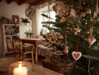 Cozy living room with decorated Christmas tree and wooden table set for holiday dinner. Candle creates a warm and inviting atmosphere.