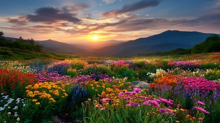 Fototapeta premium Colorful flower garden with golden sun sinking behind hills