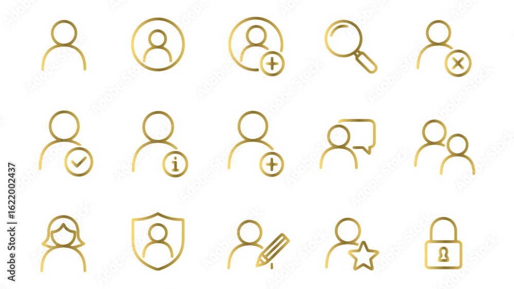 Poster golden user account management icons set on transparent background for web and app design