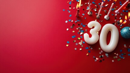 Creative flat lay with 30 number candles and confetti on red backdrop, perfect for festive messaging