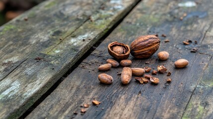 Cracked cocoa pods and raw beans on aged wood table, a closeup view ideal for cocoa-based promotions
