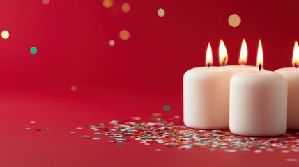 Creative flat lay with 30 number candles and confetti on red backdrop, perfect for festive messaging