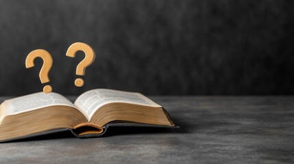 Creative learning concept, question marks over open book with moody black background and rustic table