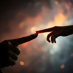 Man's hand reaching out with index finger to touch index finger of a woman's hand, silhouetted, dream like effect. JPEG, 2.5MB, 12x12in, 3600x3600px, 300p/i