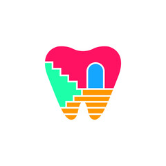 Playful Tooth with Stairs and Door Vector Colorful Illustration Design