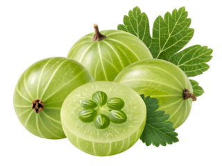 Fresh indian gooseberries with green leaves on black background