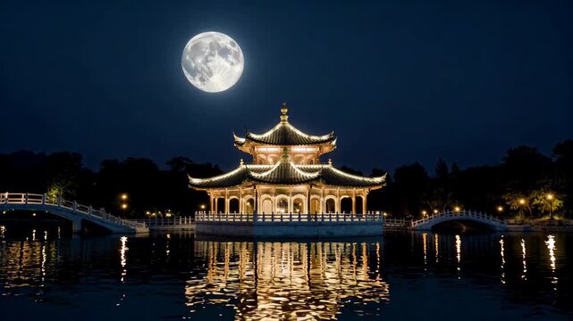 arafed pagoda in a park with a full moon in the background