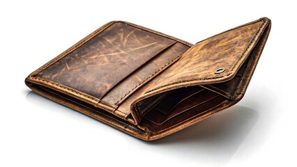Vintage brown leather wallet open on white background showing worn-out financial accessory
