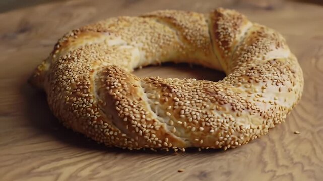 Delicious Simit Adorned with Sesame Seeds on Rustic Wooden Table A Close Up Studio Shot Showcasing A Golden Brown Turkish Bagel Perfect for Bakery Promotion and Culinary Delights