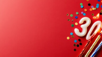 Flat lay of number 30 birthday candles and colorful confetti on bold red background, space left for celebration text