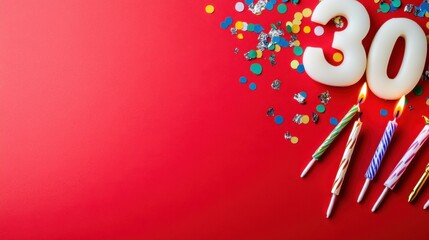 Flat lay of number 30 birthday candles and colorful confetti on bold red background, space left for celebration text