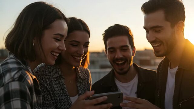 Four happy young friends laughing together while looking at a smartphone outdoors during a golden hour sunset