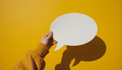 Hand holding a blank white paper speech bubble for messages and ideas against a vibrant yellow background.