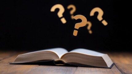 Floating question marks emerging from open book on wooden table, academic uncertainty concept, black background