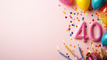 Flat lay with number 40 birthday candles and colorful confetti on pink background, space for message or greeting