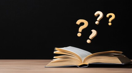 Floating question marks emerging from open book on wooden table, academic uncertainty concept, black background
