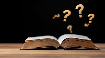 Floating question marks emerging from open book on wooden table, academic uncertainty concept, black background