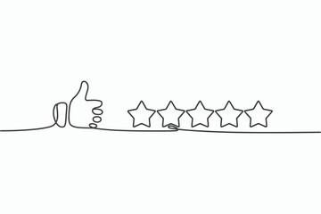 Continuous line drawing of a thumbs up and five stars isolated on white background