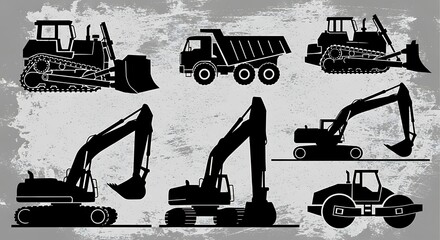 Silhouetted Construction Vehicles on Textured Background Displaying Industry Equipment
