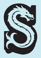 Obraz premium Black dragon coiled within light blue circle serpent