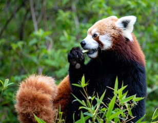 Adorable red panda (Ailurus fulgens) sitting in a lush green forest eating bamboo. A portrait of the endangered animal in its natural habitat, showcasing its fluffy red tail and focused expression.