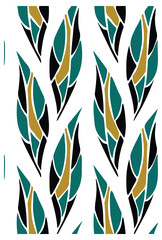 A seamless pattern of abstract leaves in teal, gold, and black, arranged vertically on a white background
