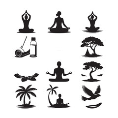 Collection of diverse yoga poses and nature elements representing serenity and mindfulness in a distinctive silhouette style