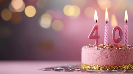 Fun and festive 40th birthday concept with confetti and candles on pink background, room for celebratory text