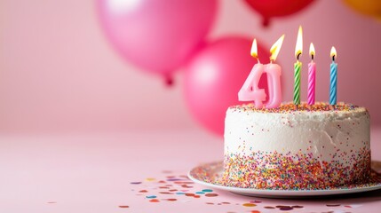 Fun and festive 40th birthday concept with confetti and candles on pink background, room for celebratory text