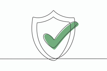 Green check mark inside shield security symbol isolated on white background
