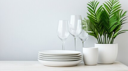 Glasses, plates, and green houseplant placed neatly on white wooden table, home vibe
